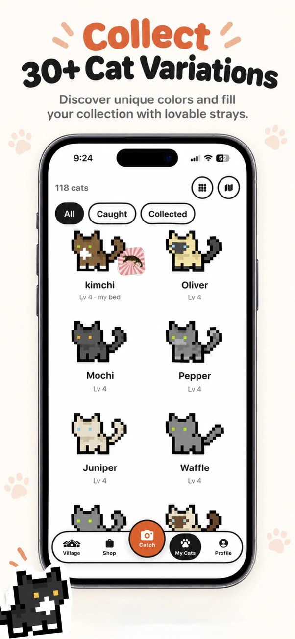 The collection screen listing caught cats — kimchi, Oliver, Mochi, Pepper, Juniper and Waffle — each with a level.