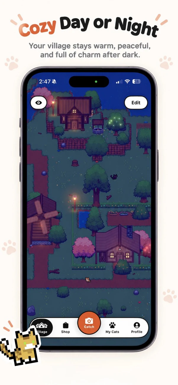 The same village after dark, lit by lanterns and glowing windows.