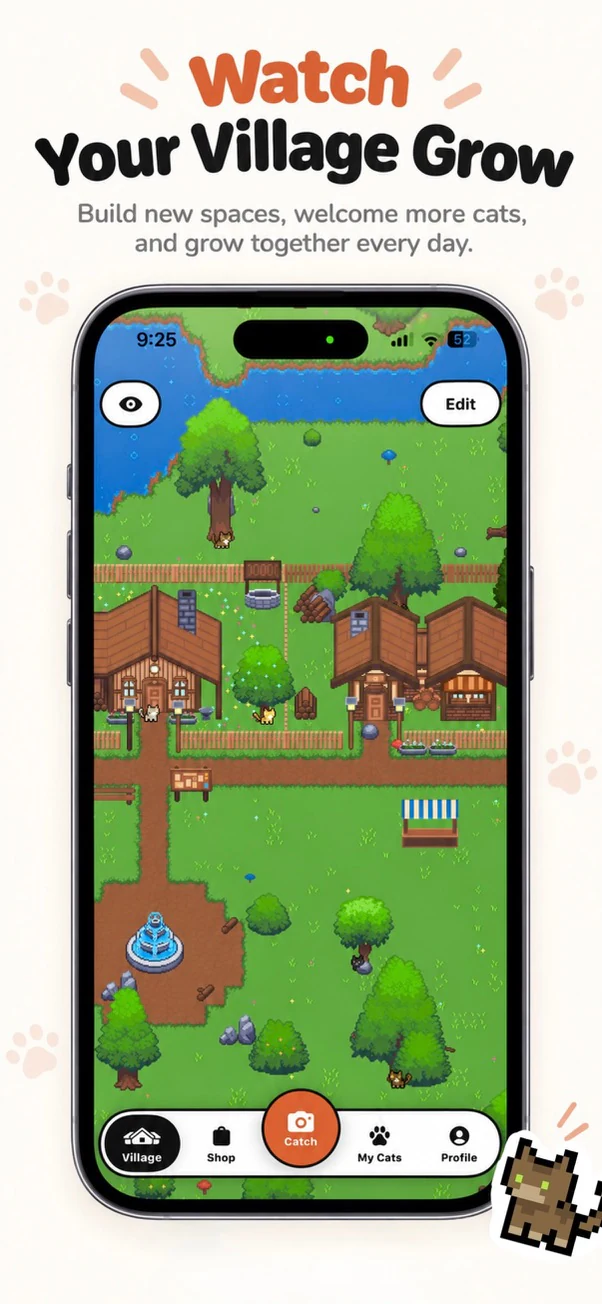 A pixel village of timber cottages, a pond and a fountain, with cats wandering the paths.